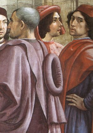 Domenico Ghirlandaio - St Francis cycle, Resurrection of the Boy (detail 1, portrait of Ghirlandaio, 2nd from right)