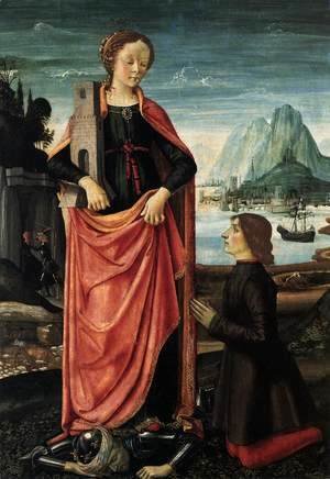 St Barbara Crushing her Infidel Father, with a Kneeling Donor c. 1473