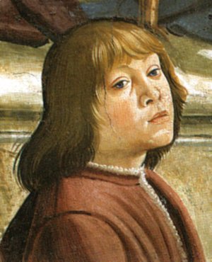 Domenico Ghirlandaio - Angelo Poliziano e Giuliano de' Medici (detail)